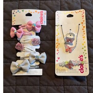 Claires Club Girls Butterfly Jewelry Set and 6 Pack Bow Cat Hair Clips NWT Pink